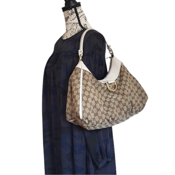 Gucci Abbey GG Canvas and Leather Hobo D Ring Bag Tan White - Picture 2 of 14